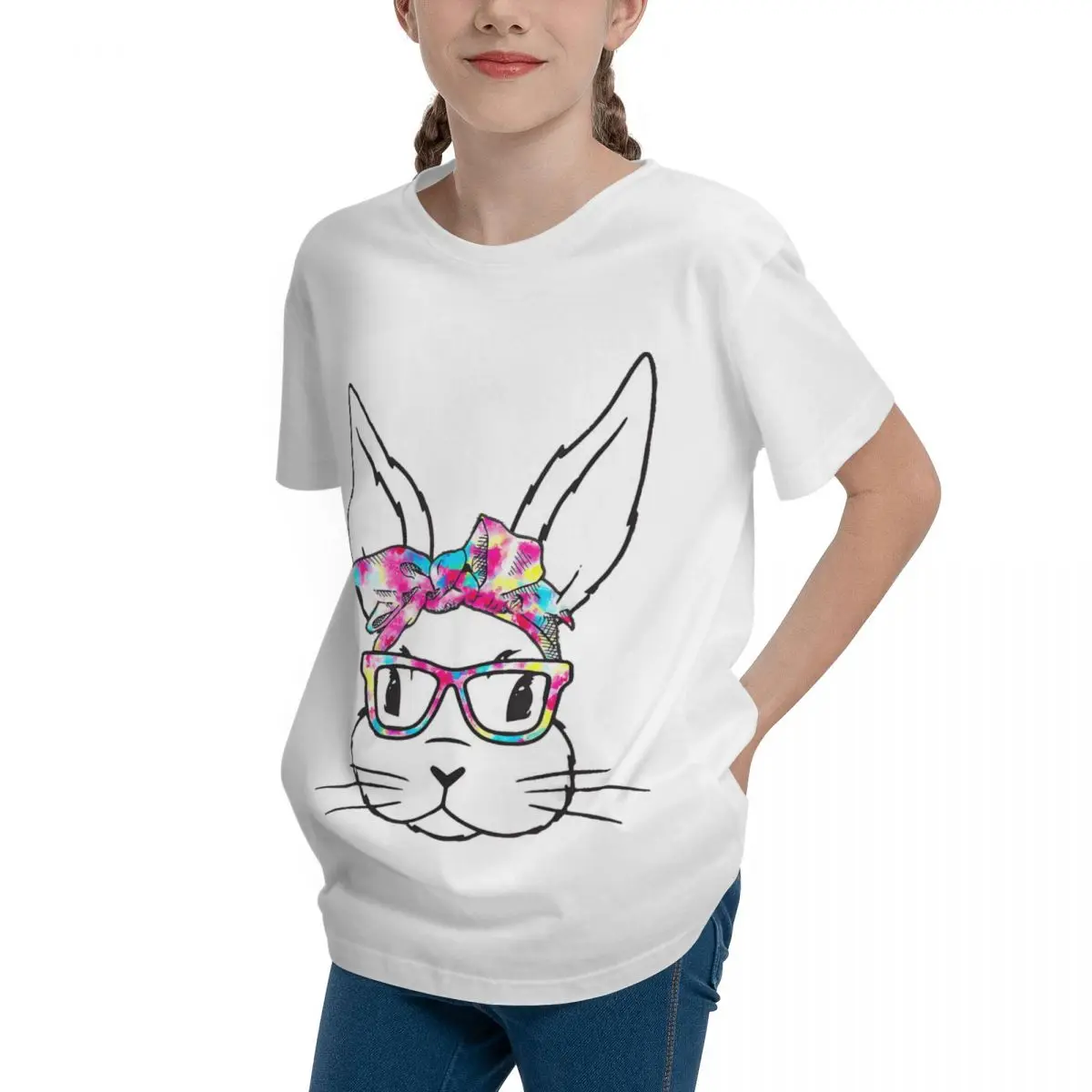 Bunny Face With Glasses Easter Day And Flowers Vintage Fitness Teenagers Basic Short Sleeve T-Shirt Retro T-shirts Funny Novelty