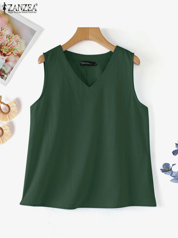 ZANZEA Elegant Women Tanks Tops Summer V Neck Sleeveless OL Work Blouse Fashion Casual Solid Shirt Loose Cotton Blusas Camis