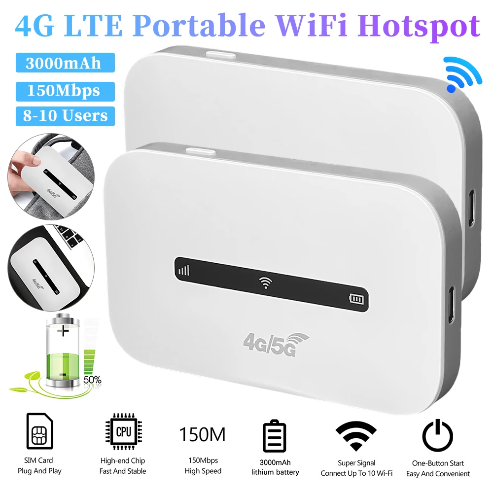 Asia/EU 4G LTE WiFi Router 3000mAh 150Mbps Internet Router Qualcomm 9607 Chip Wi Fi Repeater Support 8 To 10 Users For Home Car