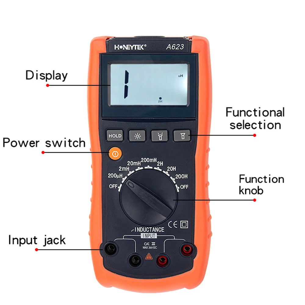 Probador Digital profesional de inductancia, medidor con cables de prueba A623, 200μH(3.0%), 2mH/20mH/200mH(1.5%), 2H(3.0%), 20H/200H(5.0%)