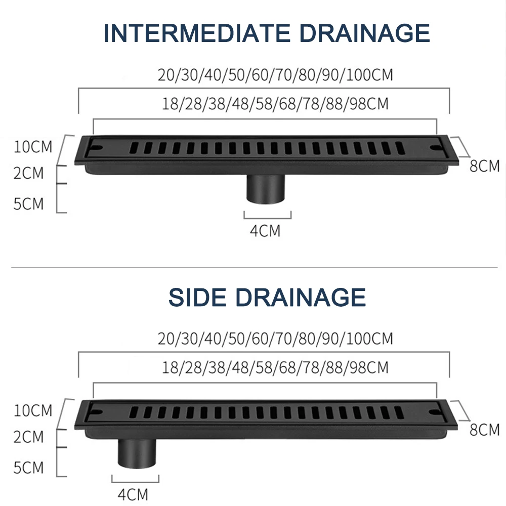 Drain de Douche Noir à Sortie Latérale/Moyenne en Acier Inoxydable, Filtre à Déchets Linéaire de Proximité HOFloor, Accessoires Anti-Odeur, 20-100cm