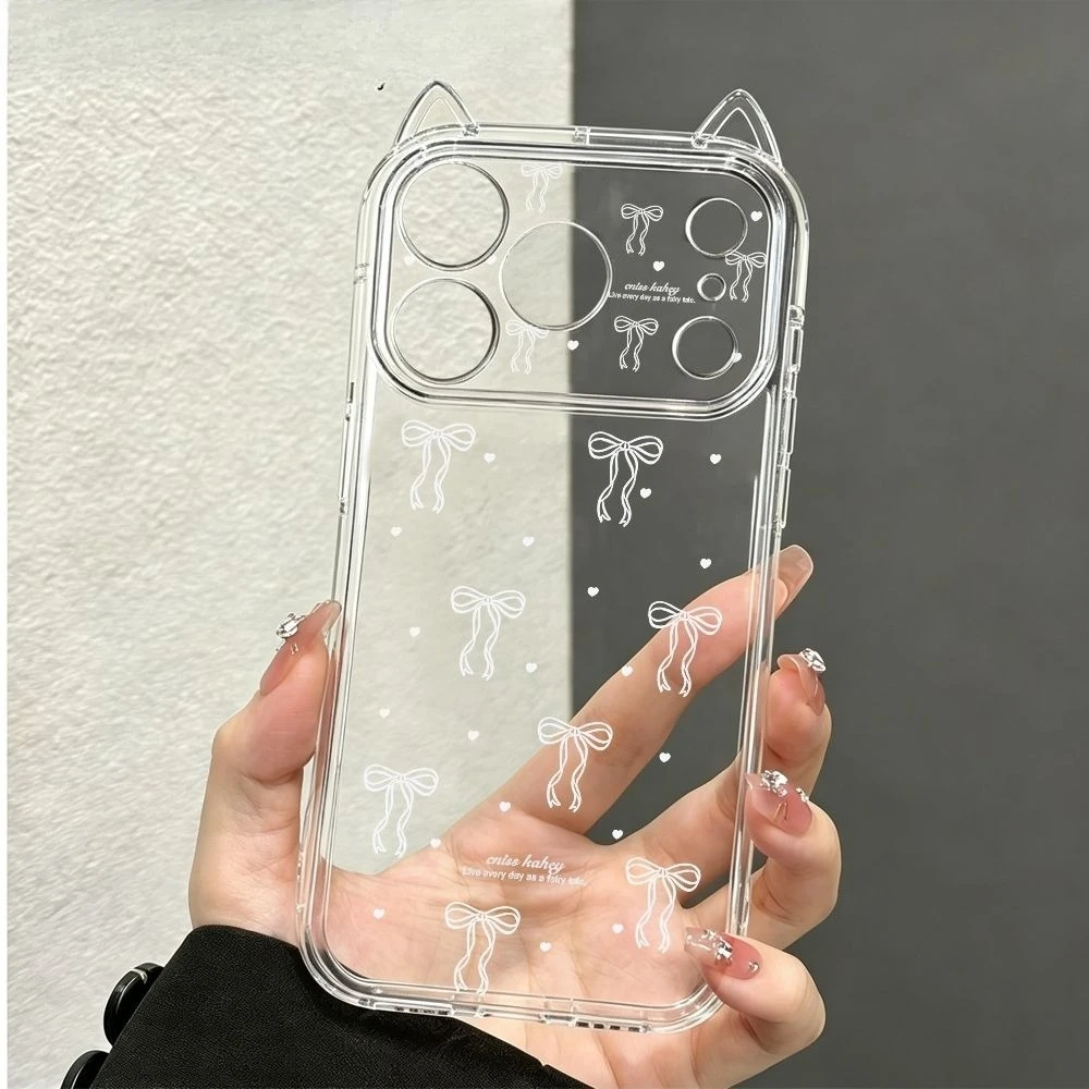 Милый минималистичный белый чехол с бантом для iPhone 17 Pro Max, 17 Air, 16, 15, 14, 11, 13, 12 Pro Max, XS Max, XS, XR, X, с кошачьими ушками, мягкий чехол
