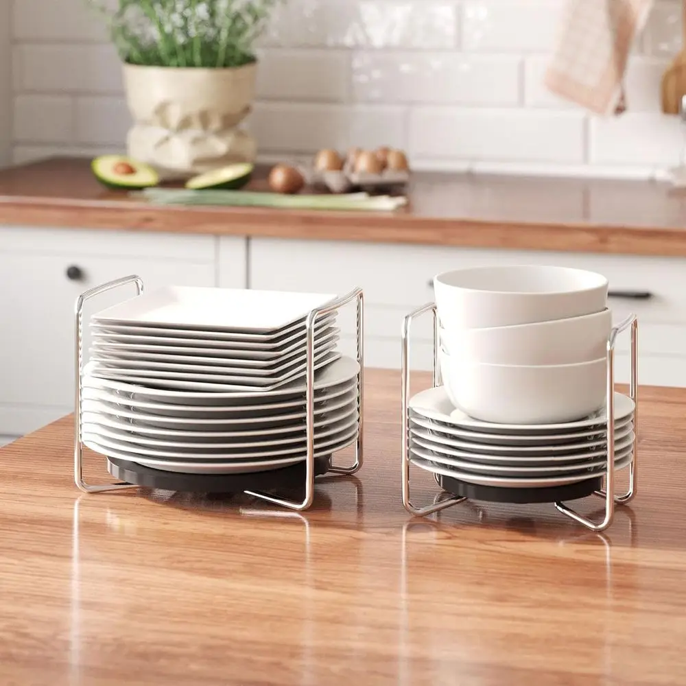 

Dish Rack or Kitchen Countertop Organizer - Bamboo Plate Organizer or Cabinet Space Saver, Adjustable StainlSteel 304 Plate and