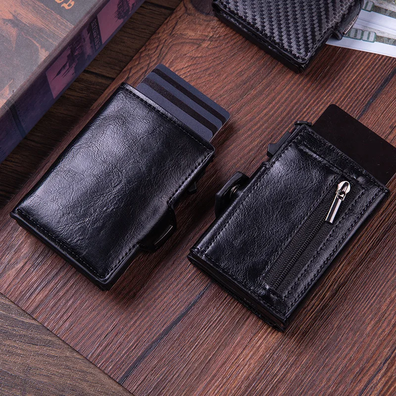 

Men Slim Leather Coin Purse Small Male Black Wallet Mini Wallets for Men Large Capacity Card Aluminum Card Holder