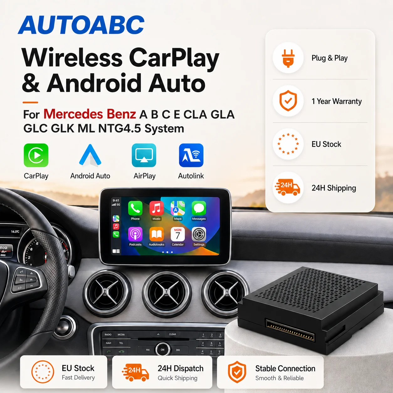 AUTOABC CarPlay sans fil compatible avec Mercedes Benz A B C E CLA GLA GLK ML W176 Sprinter NTG4.5 Module Becker Android Auto Navigation