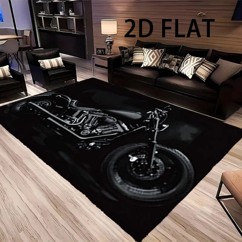 Black Vintage Motorcycle Print Large Area Rug Soft Flannel Non Slip Floor Carpet for Living Room Man Cave Garage Home Decor