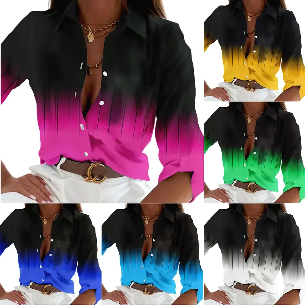 

Элегантные рубашки женские повседневные пуговицы с градиентным принтом на пуговицах блузки с лацканами рубашки осень-зима свободные топы с длинными рукавами