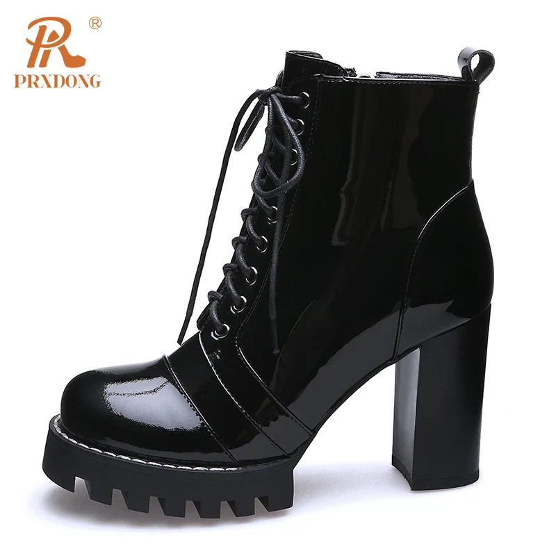 PRXDONG New Classics Patent Leather Chunky High Heels Platform Shoes Woman Ankle Boots Lace Up Dress Party Autumn WInter 34-42