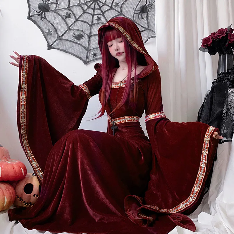 

Halloween Adult Costume Medieval Vintage Court European Vampire Red Riding Hood Witch Dress Long Dress
