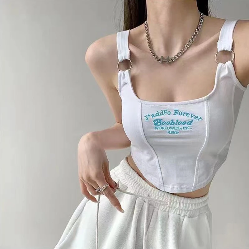 Pure Desire-Camiseta sin mangas con tirantes para mujer, ropa interior ajustada con almohadillas en el pecho, camiseta sin mangas con tirantes bordados, Y2k