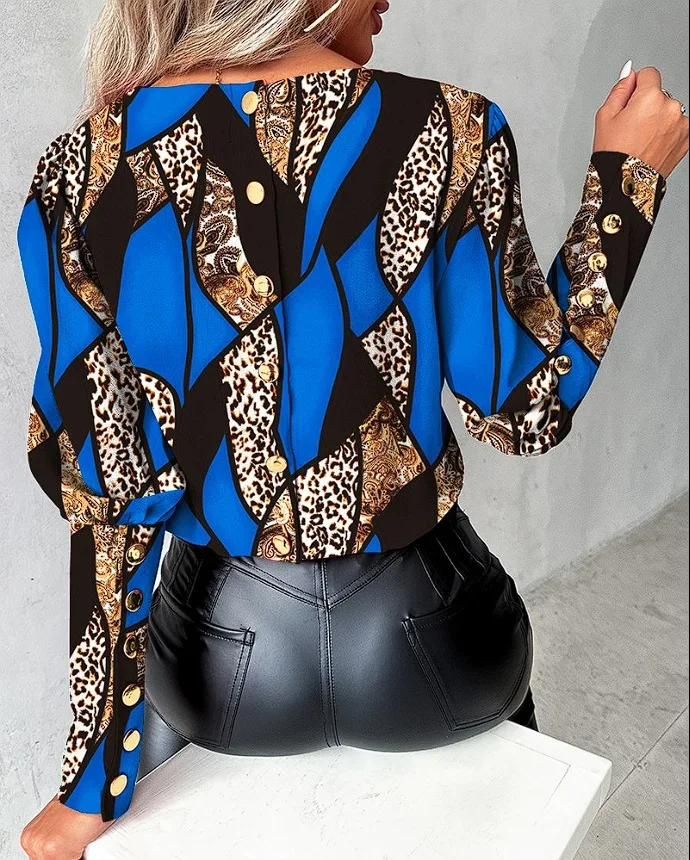 Boho Leopard Print Pullover Shirt Blouse Women Spring Autumn Fashion O-neck Long Sleeve Shirts For Women 2024 Casual Button Tops