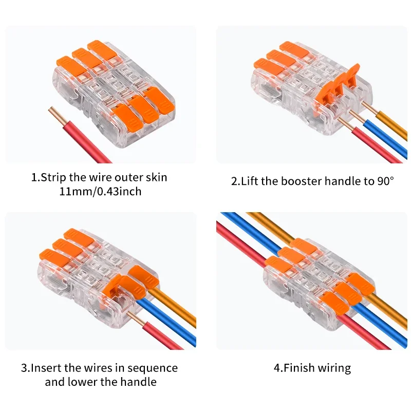 JINH 300Pcs Transparent Push-In Wire Joiner Box CMK65 3-Way Compact Inline Lever Splice for Solid And Stranded Wire