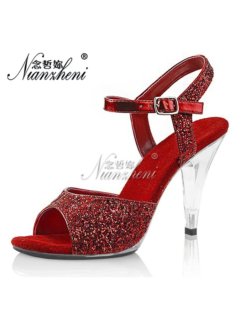 

Peep Toe Red High Heels 10cm Shallow Women's Stripper Heels Bride Flash Powder Nightclub Pole Dance Shoes Elegant Catwalk Dress