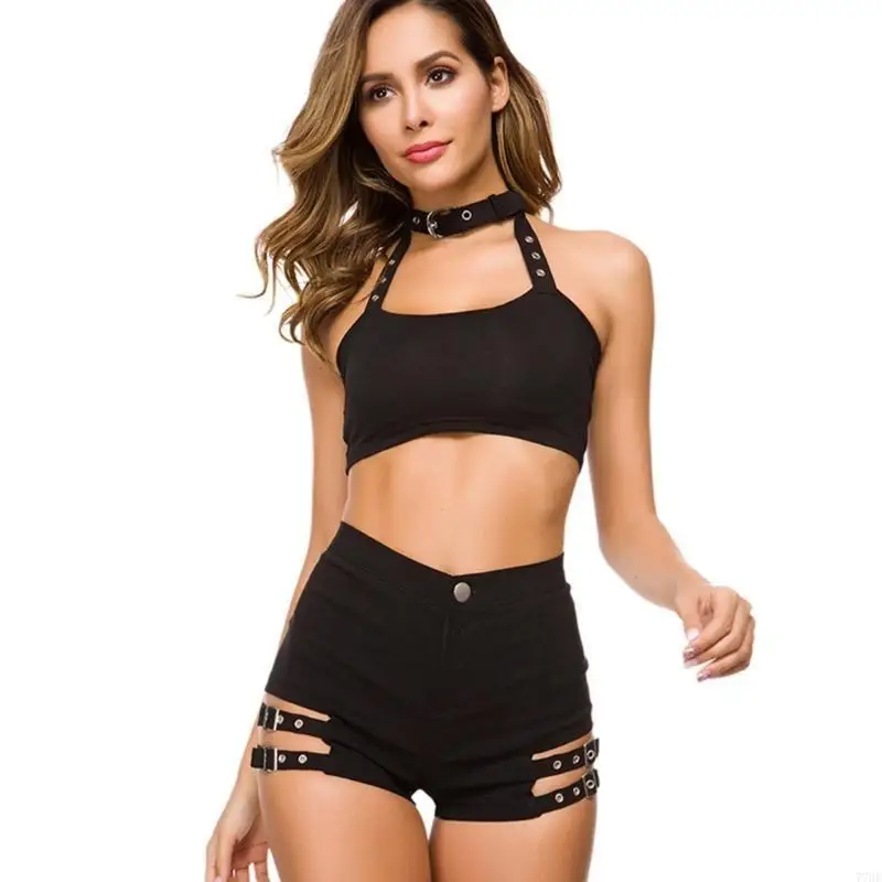 77HE 여성 고스 하이 웨스트 블랙 반바지 섹시 할로우 스트랩 메탈 버클 핫 팬츠