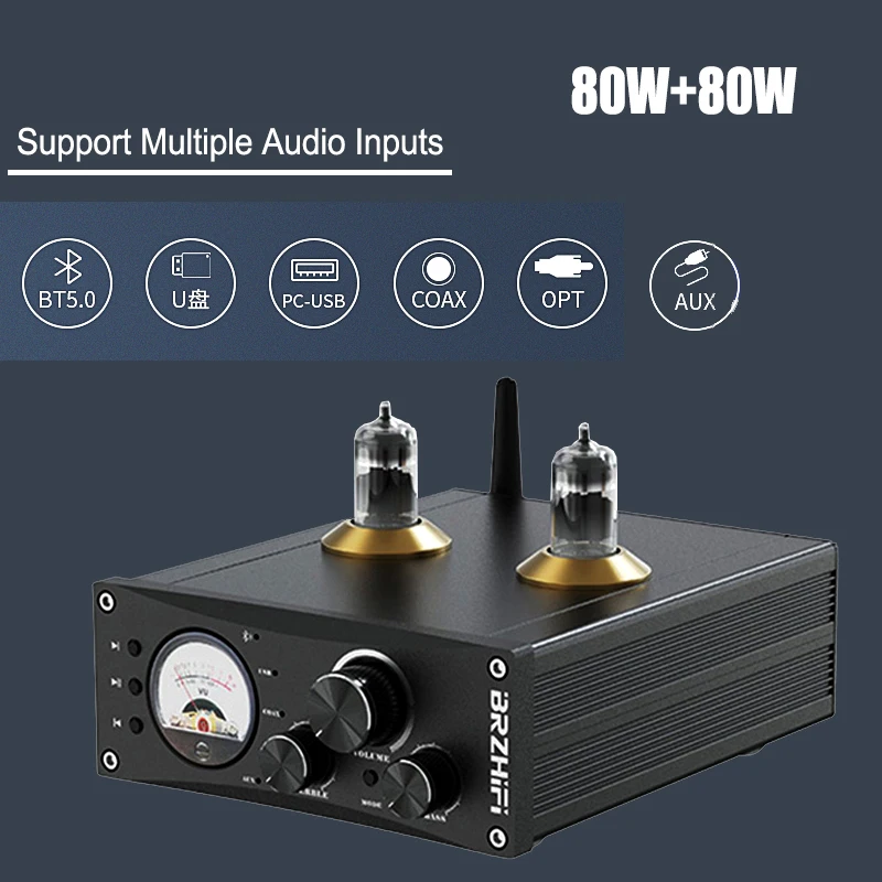 

80W HIFI Stereo Vacuum Tube Bluetooth 5.0 Digital Decoding IC Infineon MA12070 Home Sound AMP VU Meter AUX COAX OPT USB DAC