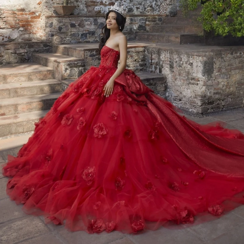 

Red Shiny Quinceanera Dresses Off The Shoulder Flower Beading Crystal Bow Tull Party Birthday Sweet 16 Dress Vestidos 15 De Anos