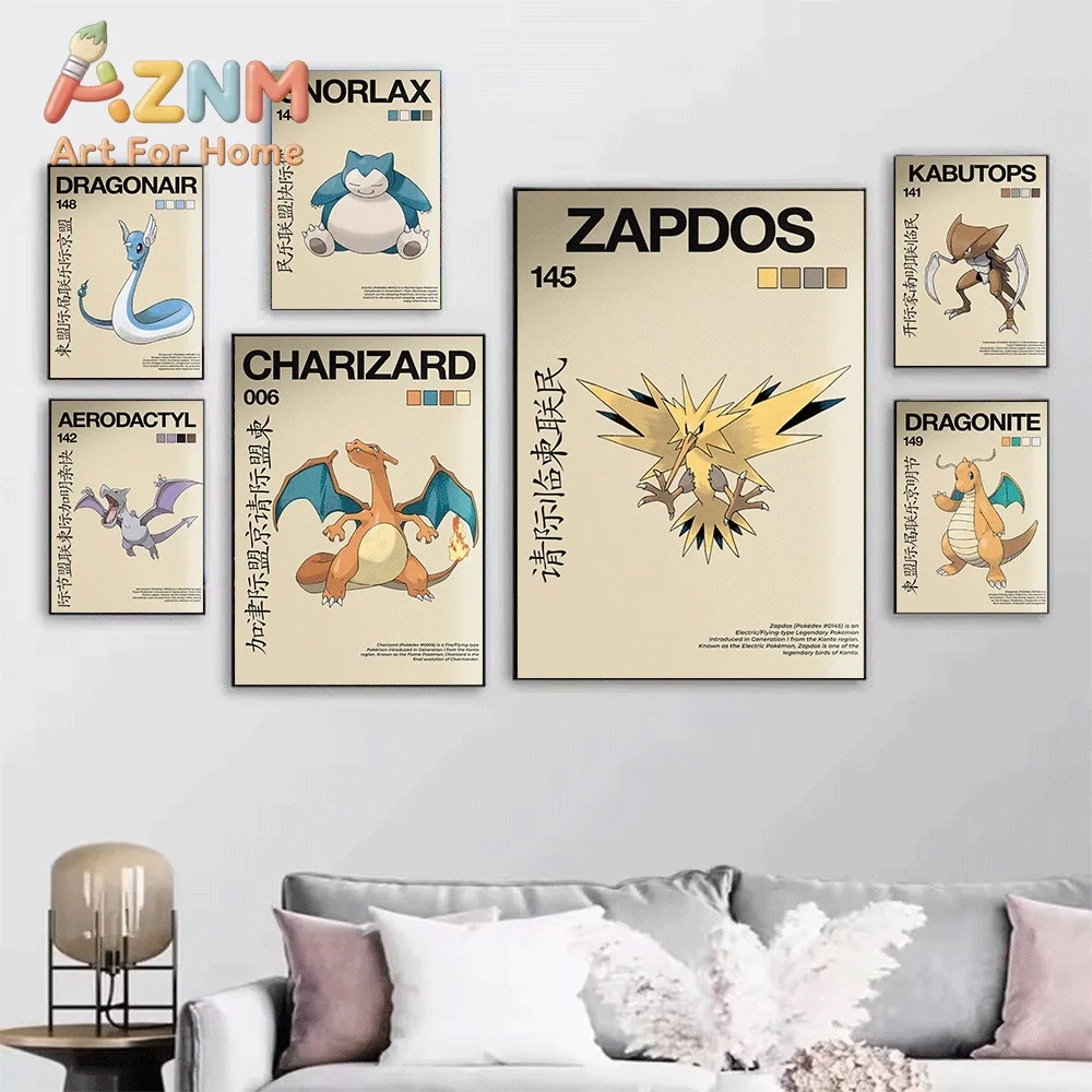 2D Flat Posters & Prints, Articuno Vintage Retro Canvas Wall Art,2D Flat Frameless Anime Monster Print,Home Decor for Kids Bed