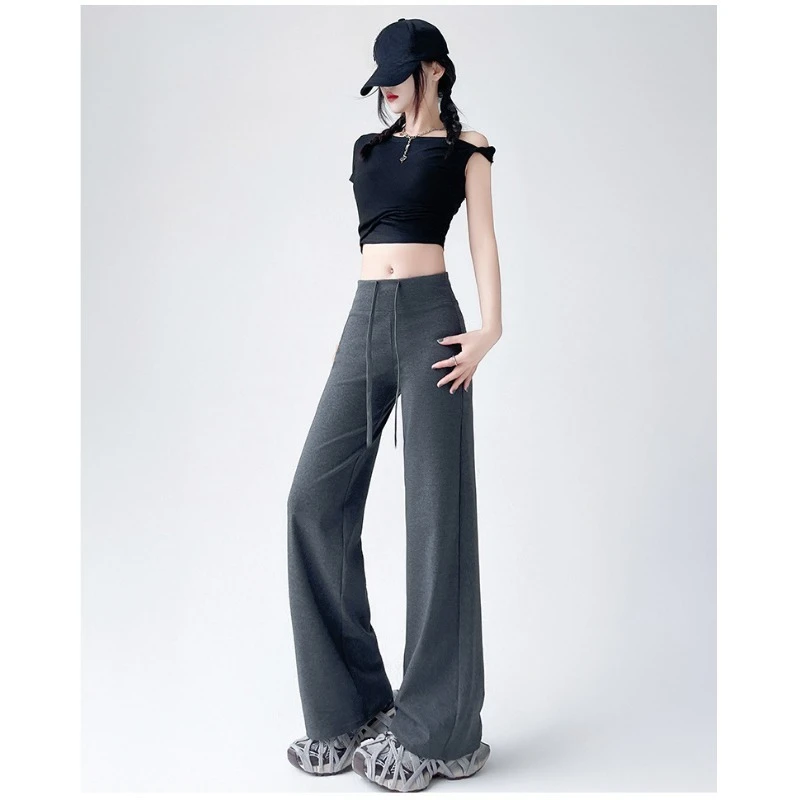 New Spring Autumn women air cotton casual pants drawstring style slimming high-waisted sporty straight leg drape wide-leg pants