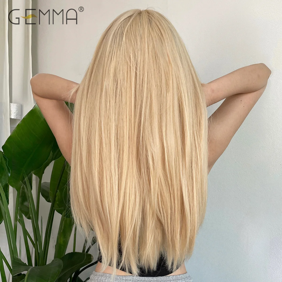 GEMMA Synthetic Light Blonde Long Straight Wig with Bangs Natural Cosplay Hair Wigs for White Women Heat Resistant Fake Hair