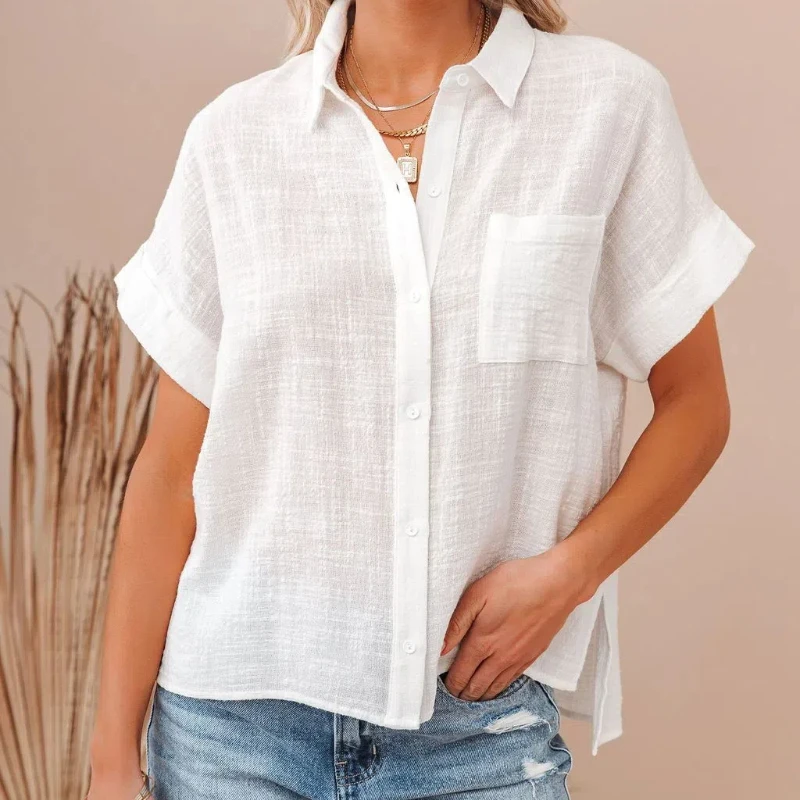 스타일리시한 단색 포켓 라펠 여성 반팔 셔츠 우아한 루즈핏 레이스업 가디건 싱글 브레스티드 캐주얼 블라우스