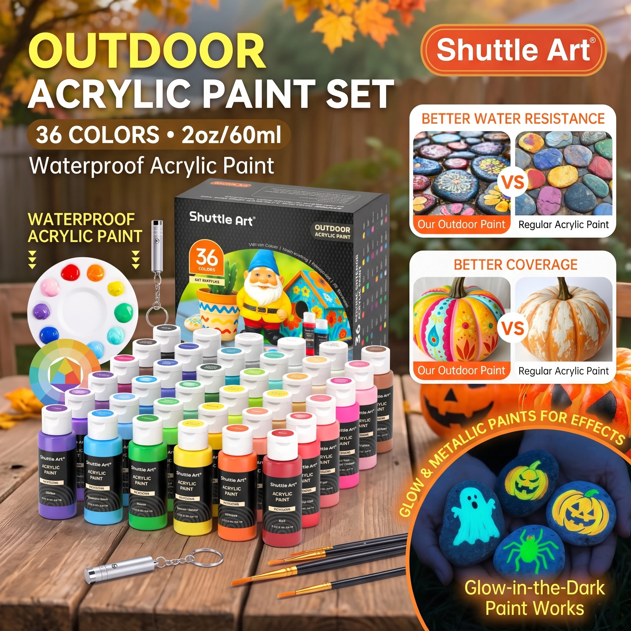 Shuttle Art Outdoor Acrylic Paint Set, 36 Colors 2oz/60ml Waterproof Acrylic Paint with 10 Brushes 1 Palette, Rich Pigmented Paints for Artists, Beginners on Rocks, Wood Crafts, Garden Statues