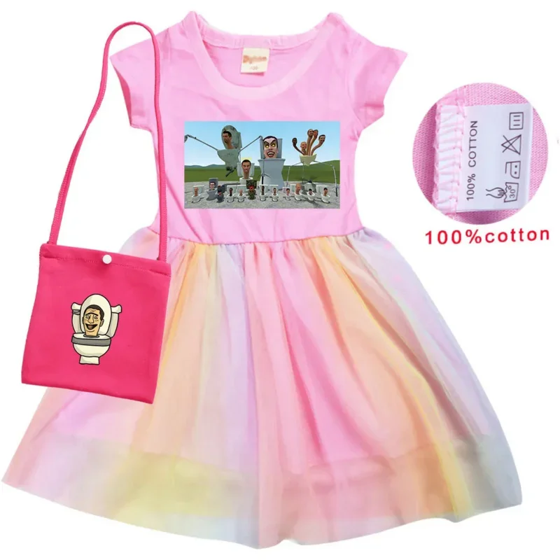 2-10Y Graphic SKIBIDI TOILET Clothes Baby Girls Princess Dresses With Small Bag Kids Cartoon Camcorder Man Wedding Party Dress C