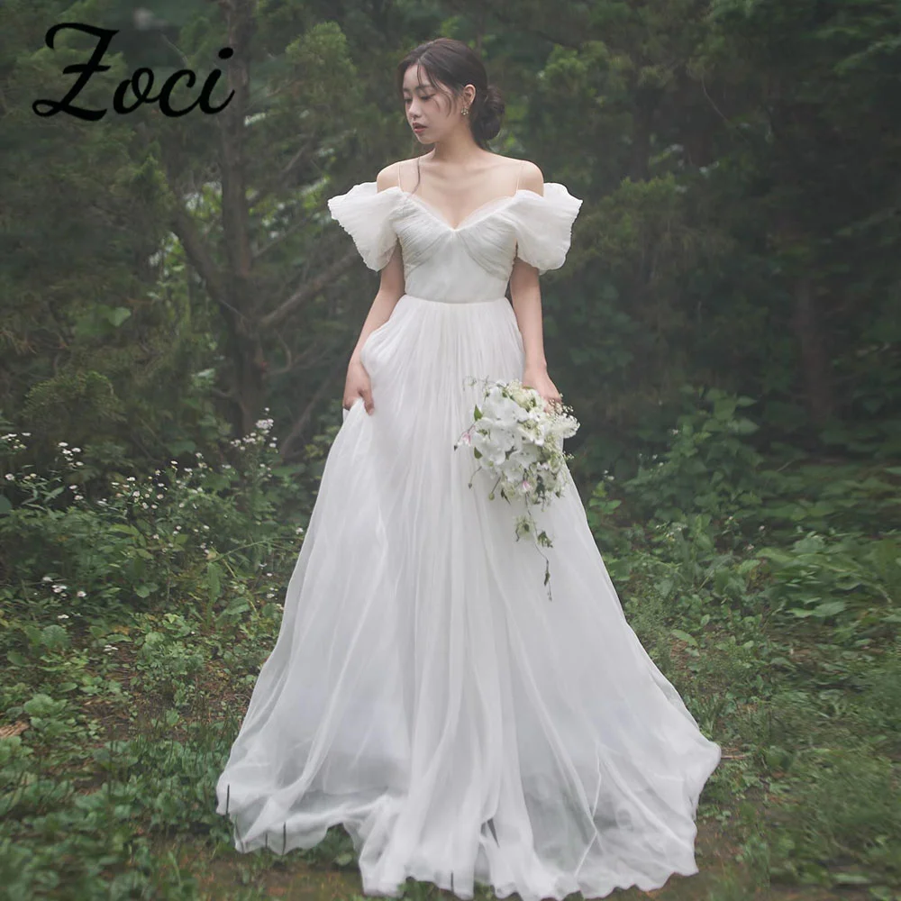 

Zoci Princess Sweetheart Off Shoulder Korea Wedding Dresses Pleat Tulle Evening Party Gown Photos Shoot Customized Bride Gowns