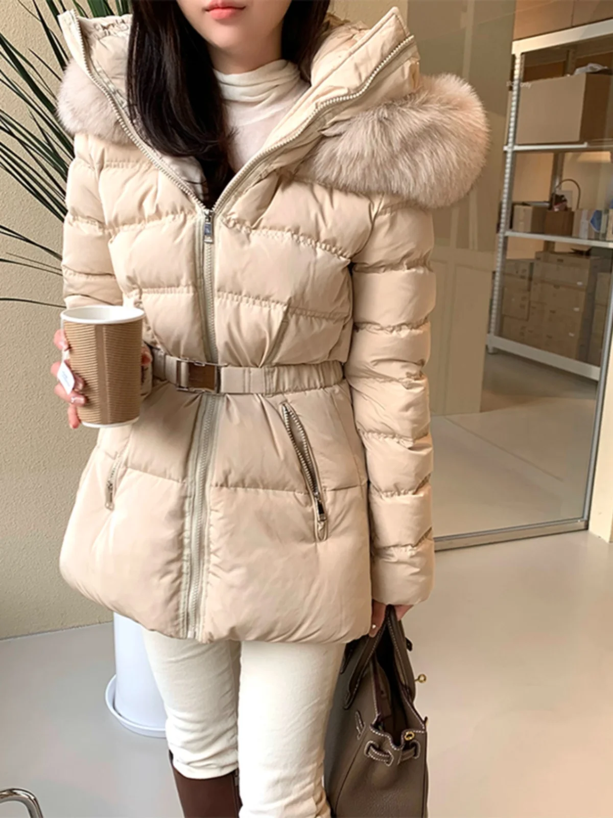 Koreaanse Sle Dames Gewatteerde Jaet Grote Bontkraag Wit Du Down Halflange Afslankende Warme Jas Ritssluiting Thiened