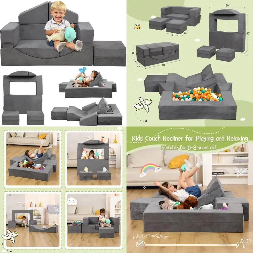 

Convertible Kids Sofa Toddler Couch with Foam Play Set, Recliner for Creative Play, Ideal for Boys & Girls, Comfortable Playroom