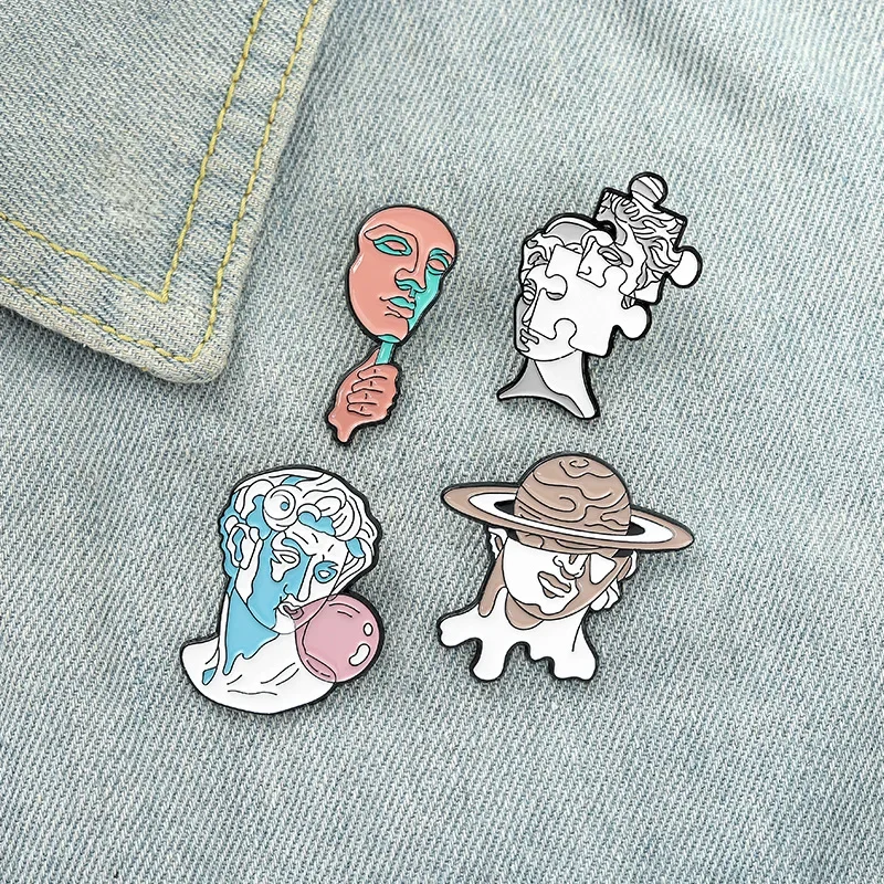 Statue Enamel Pin Colossal Hellenistic Statues Lapel Pin Roman Sculpture With Mirror Puzzle Bubblegum Planet Brooch Spoof Design
