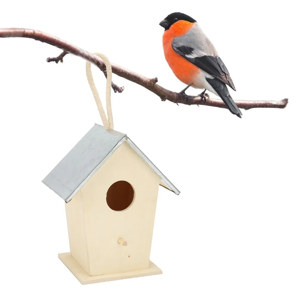 Galvanized Iron Top Wooden Bird House Wood Panel Frame Sloped Roof Design Hanging Birdhouse Suspension Setup Built-in Perch Peg