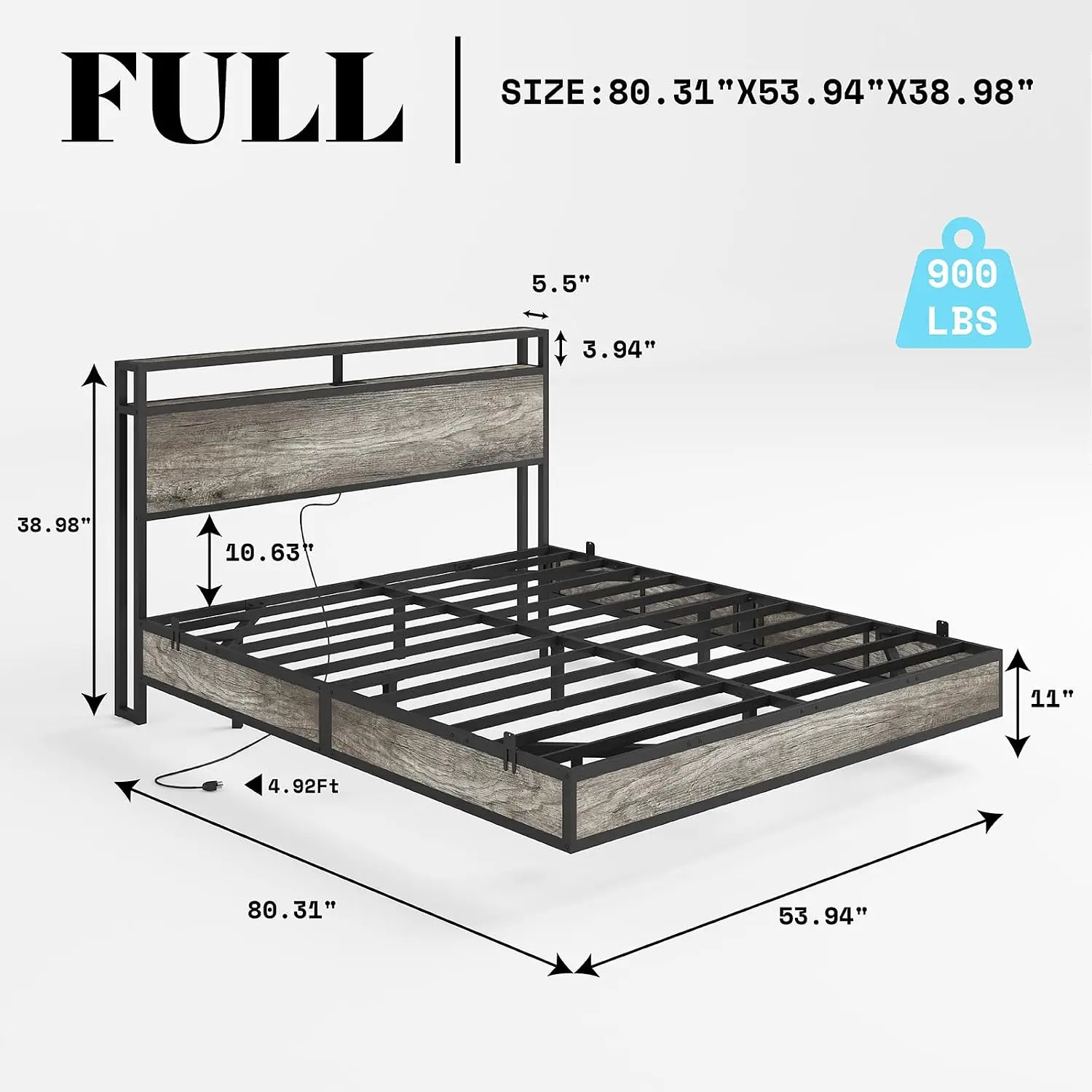 Full Floating Bed Frame with Storage Headboard & LED Light | Metal Bed Construction, USB Charging Station,, Customized