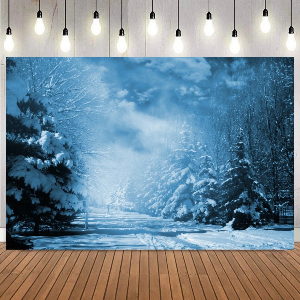 Winter Night Backdrop Wonderland Snow Forest Mountain Natural Landscape Christmas Party Decor Photography Background Photo