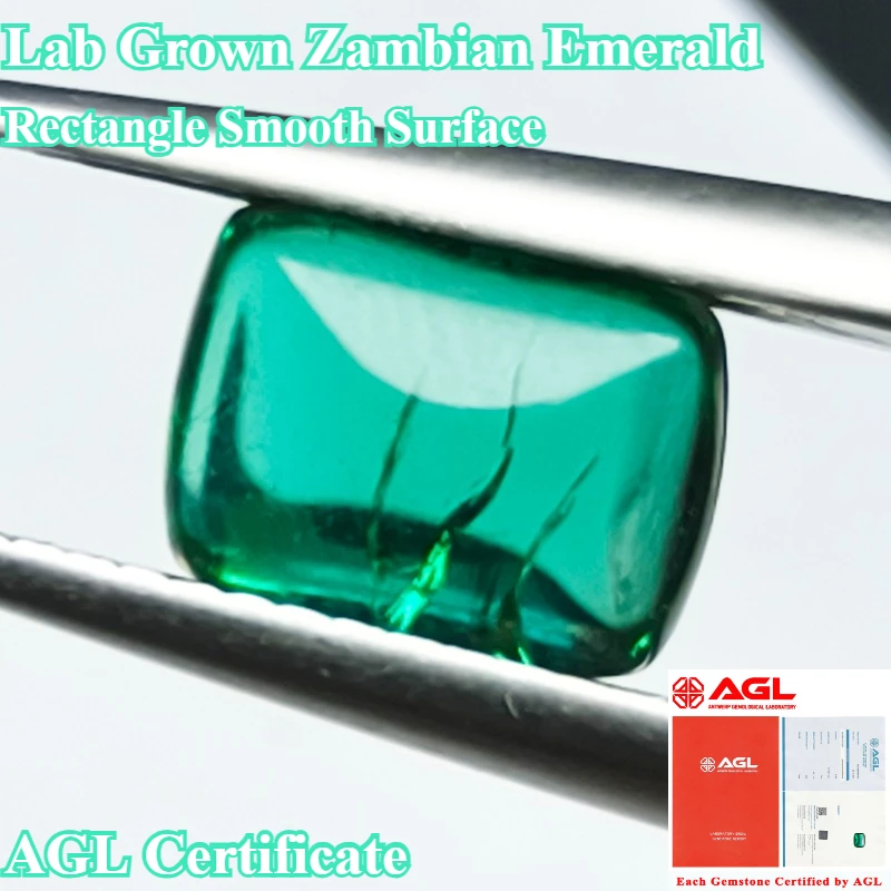 

Hot Sell Lab Grown Zambian Emerald Hydrothermal Rectangle Smooth Surface Cut with Cracks Inclusions Inside with AGL Certificate