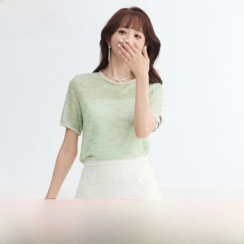 Suéter de Punto de Manga Corta Estilo Dulce para Mujer, Verano 2025, Tejido de sor Regular, Otro, 00% Tejido de Punto, Pi...