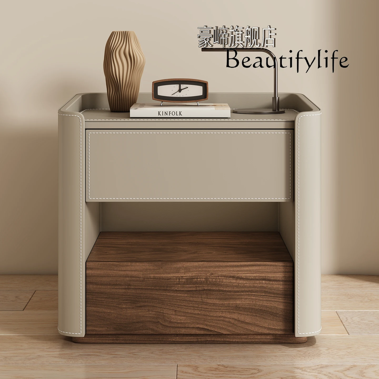 New medieval style home bedroom bedside table simple and creative all solid wood saddle leather simple