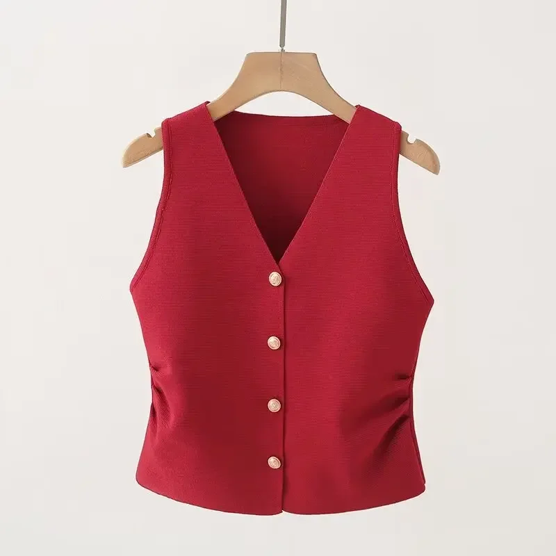 Womens Gold Button Front Vest V-Neck Ruched Waist Sleeveless Knit Jacket Casual Chic Spring Summer 2025 Trendy Outfit image 6