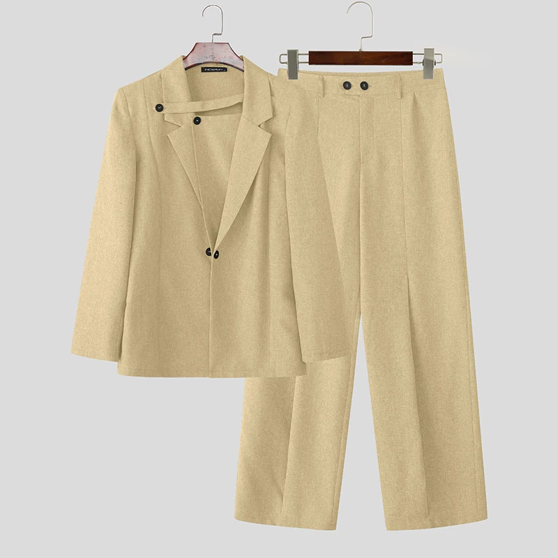 

INCERUN Men Sets Solid Color Long Sleeve Blazer & Pants Two Pieces Sets Streetwear Loose Fashion Elegant Casual Men Suits S-5XL