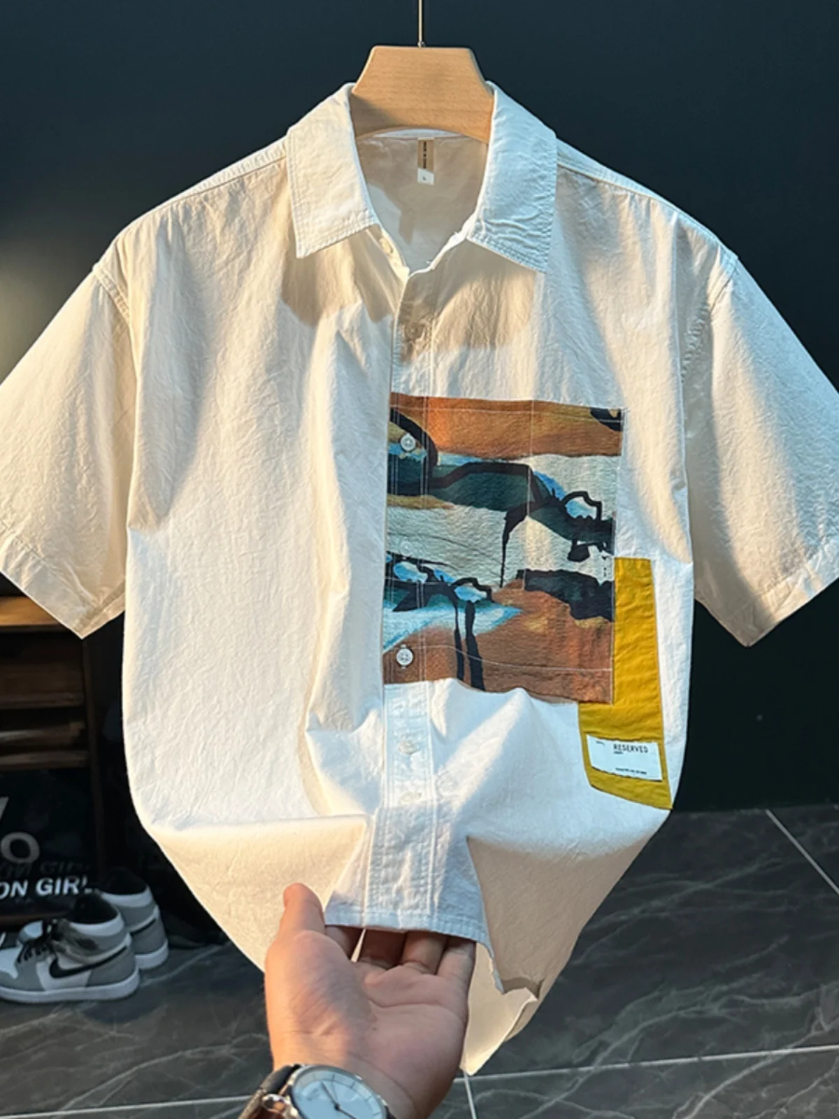 

Summer Fashion Casual Men's Short Sleeve Shirt Printed Patchwork Loose Fit Youthful Style Standard Edition Iron-Free Shirt