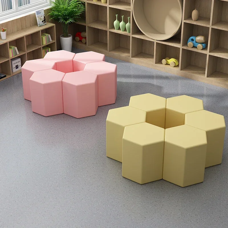 Hexagonal Stool, Children's Leather Stool, Soft Pack Colored Square Stool