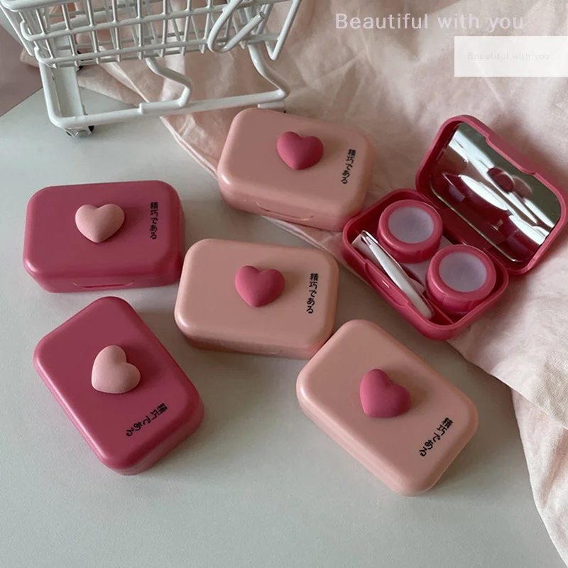 

Pink Heart Square Contact Lenses Case With Tweezers Women‘s Cute Contact Lens Box Container Travel Portable Contact Lenses Case