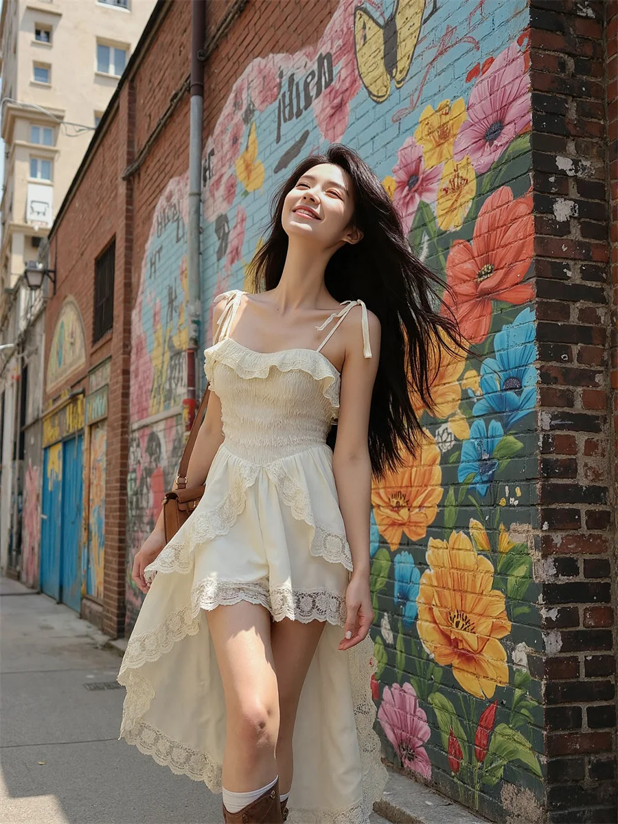 Women'S Dress Applique White Summer Flounced Edge Purple Sheer Drawstring Elasticity Fancy Boho Chic Evening Dance Spring Winter