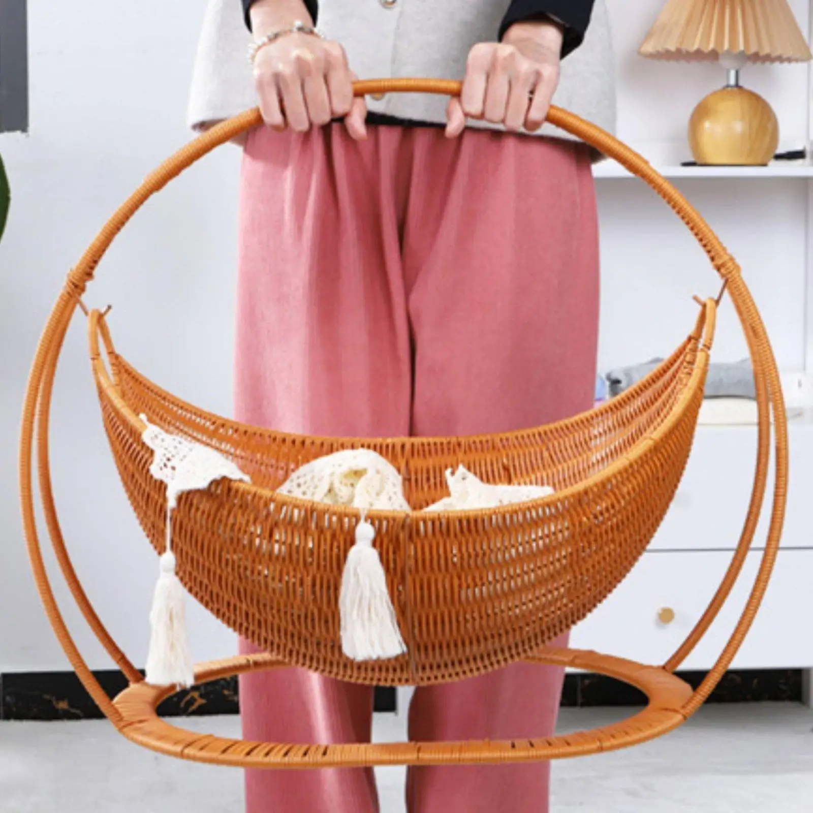 Hanging Bed Basket Plush Cat Bed Stylish Rattan Cat Basket Removable Design Cat Furniture for Living Room Relaxing Pet Haven