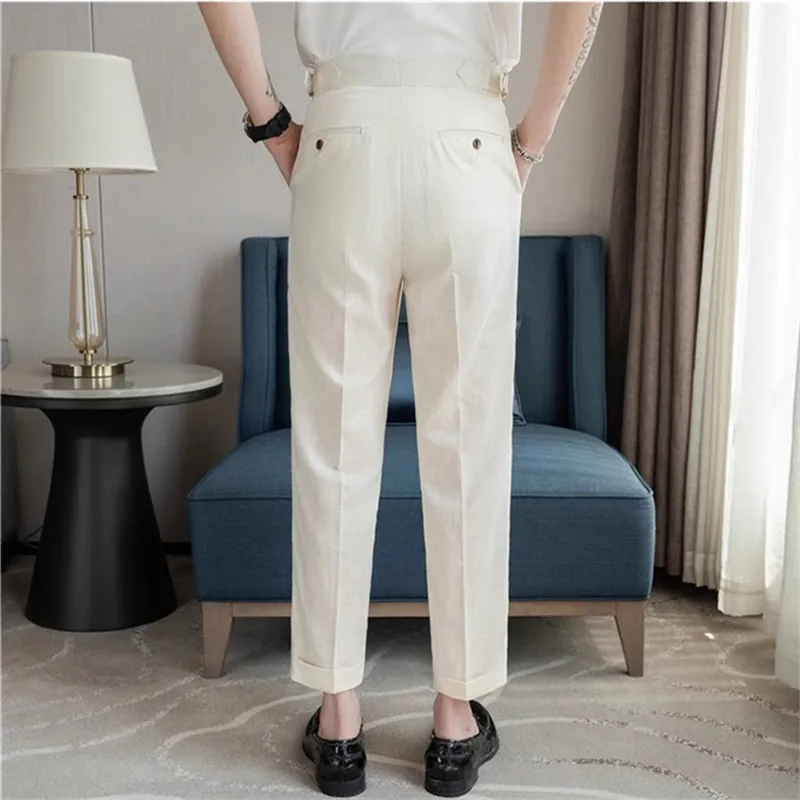 High Quality Summer Suit Pants Men Thin Cotton Linen Breathable Smart Casual Trousers Mens Solid Straight Dress Pants 90% Linen