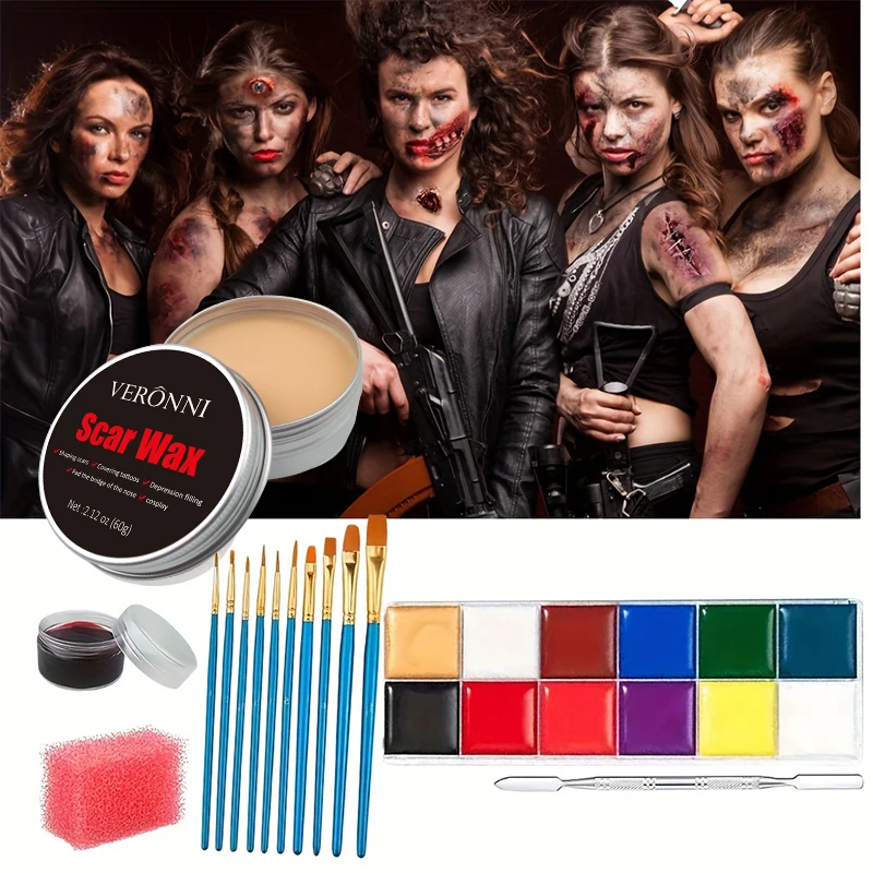 

6pcs12 Colors Face Body Paint Set with 10 Brushes Scar Wax Fake Blood Gel Stipple Sponge for Halloween Christmas Masquerade