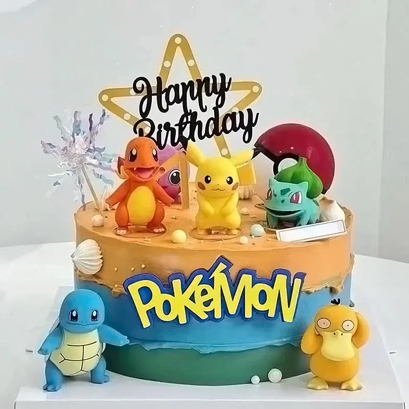 13Pcs/set Pokemon Cake Anime Figure Pikachu Party Happy Birthday Pokemon Cake Decoration Supplies Ornaments Boy Kids Gift