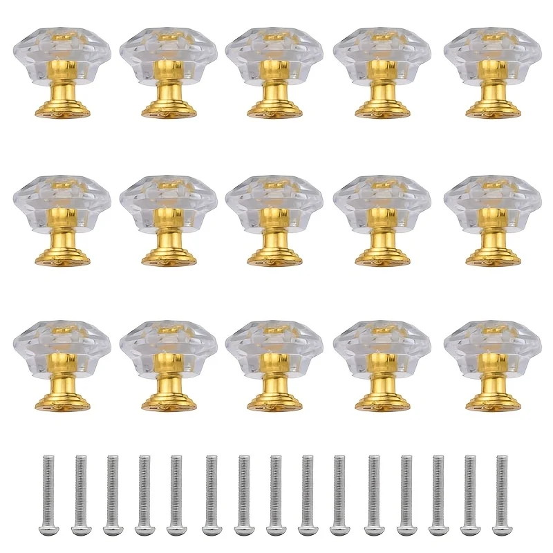 15Pcs Clear Crystal Cabinet Knobs, Pull Handles with Screws, for Kitchen Cupboard Wardrobe