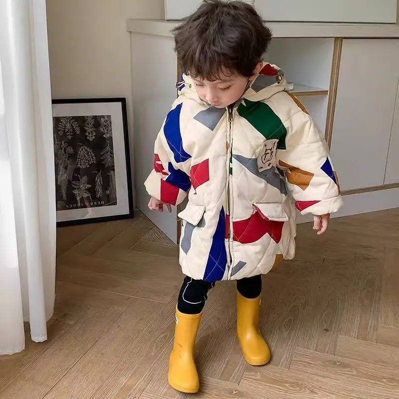 

1-6 Yrs Kids Boy Unisex Korean Cotton Jackets Medium Length Children's Casual Handsome Toddler Boys Girls Printing Jacket Winter