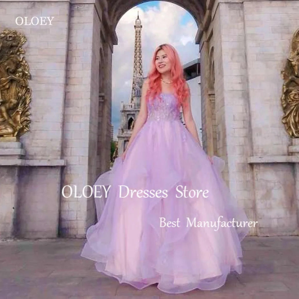 

OLOEY Elegant Lavender Tulle A Line Evening Dresses Korea Wedding Photoshoot Strapless Garden Prom Gowns Formal Party Dress