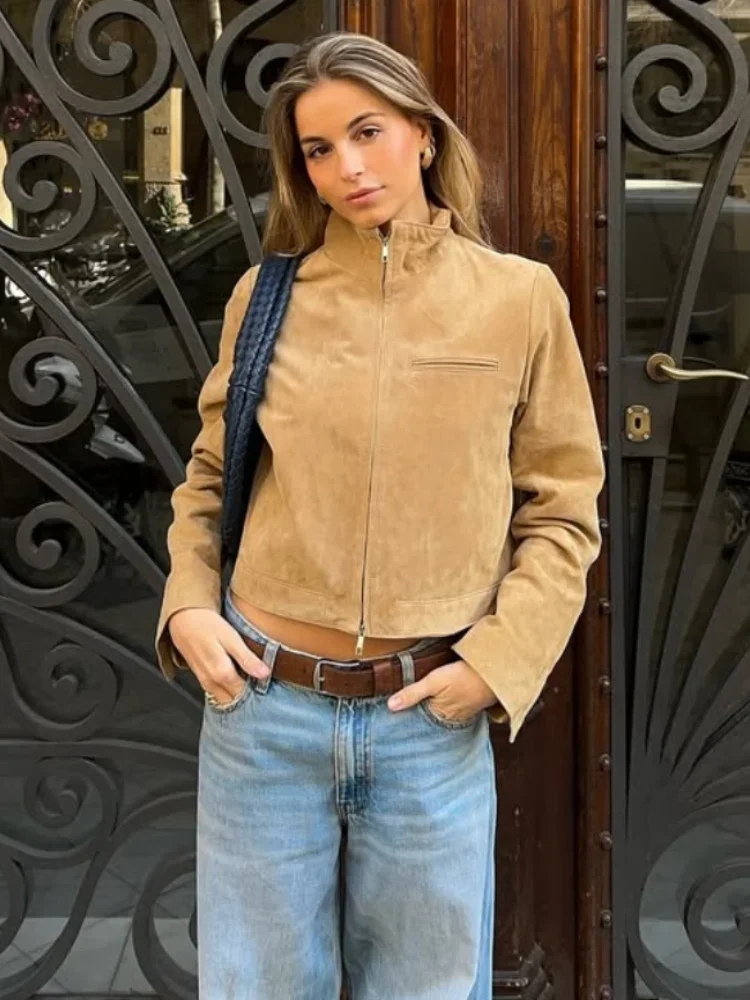 

Suede Leather Short Jacket Coat Zipper Stand Collar Vintage Casual Motorcycle Jackets Baggy Front Shoulder Women Outwear Top New
